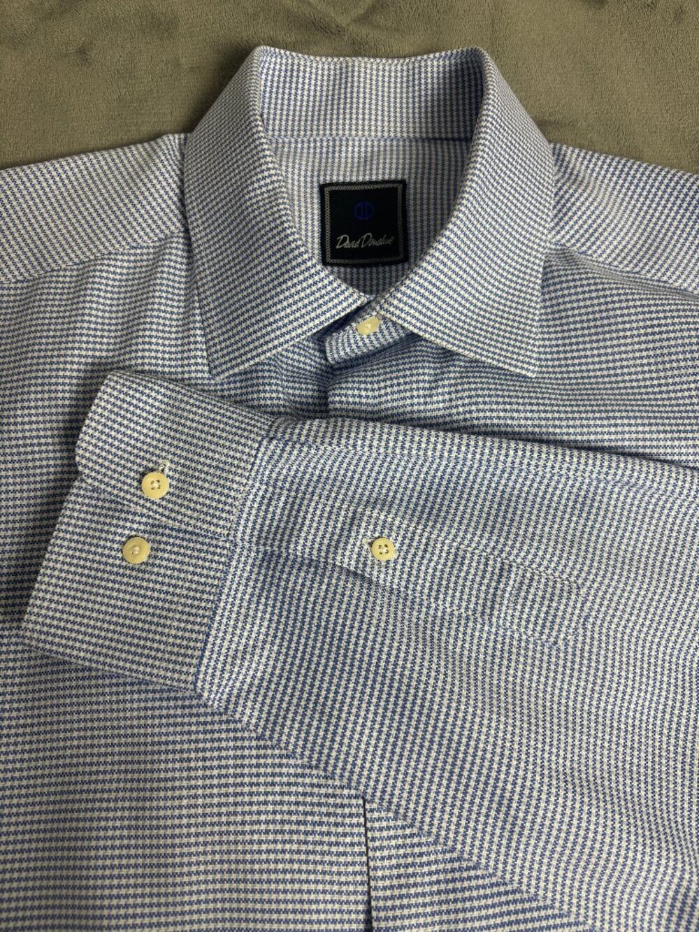 David Donahue Mens 17 36/37 Blue Houndstooth Dress Shirt Cotton Quiet Luxury